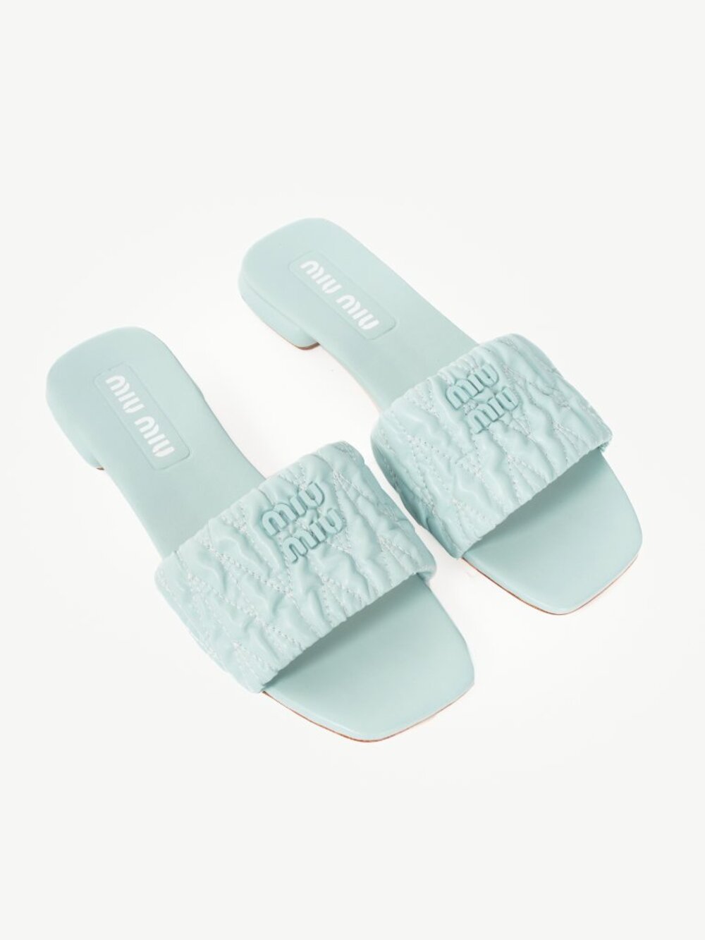Miu Miu Blue Matelasse Logo Flat Mule Sandals